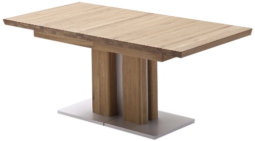Ausziehbarer Säulentisch Bari - Tischplatte und Gestell massiv matt lackiert - Absetzung Gestell und Bodenplatte Edelstahloptik