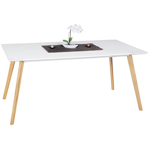 FineBuy Esszimmertisch 160 x 76 x 90 cm aus MDF Holz | Esstisch mit Tischplatte in weiß | Robuster Küchen-Tisch im Retro Stil | Holz-Tisch in skandinavischem Design | Untergestell in Eichefurnier