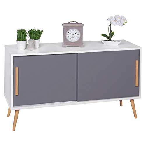 FineBuy Sideboard mit Schiebetüren Skandinavisches Design 120 x 70 x 40 cm | SCANIO Weiß Grau | Kommode mit 2 Türen - Holz Griffe & Beine