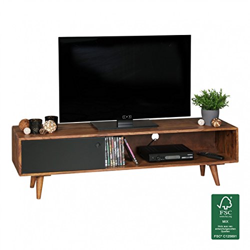 FineBuy TV Lowboard REPA 140 cm Massiv-Holz Sheesham Landhaus 2 Türen & Fach | HiFi Regal braun 4 Füße | Fernseher Kommode Vintage