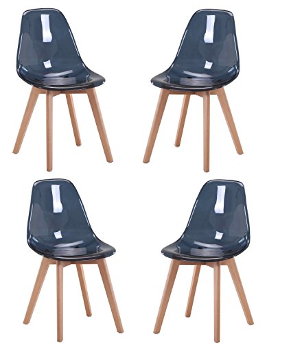 Pack 4 Stühle skandinavischer Stil – Sitzfläche transparent aus Polycarbonat mit hoher Qualität – Füße aus Buchenholz – Collection Oslo blau transparent