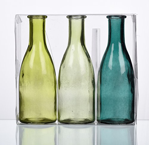 SANDRA RICH. GLAS VASE "BOTTLE groß". 3 kleine Flaschen ca 18,5 x 6,5 cm. Petrol - GRÜN. 1165-18-51