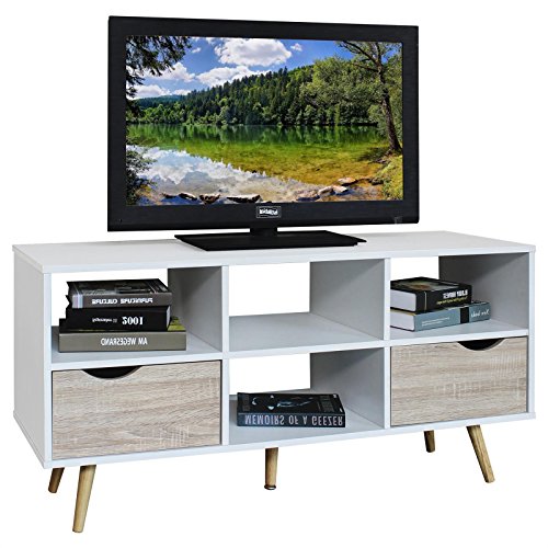 TV Lowboard NANTES TV Rack Hifi Möbe, 4 Fächer, 2 Schubladen weiß/Sonoma skandinavisch retro Stil