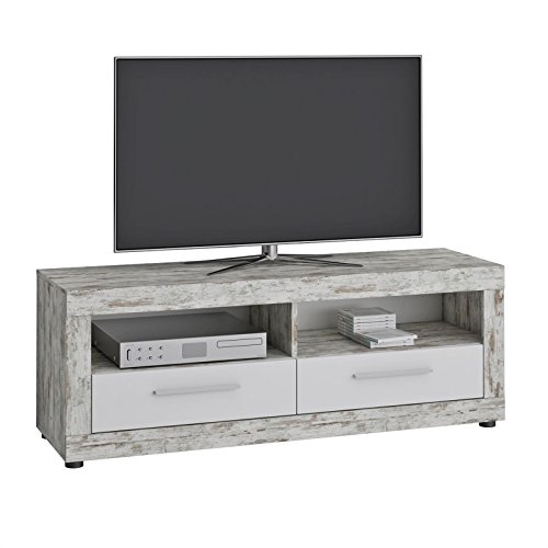 TV Lowboard VIEW Fernsehtisch TV Sideboard mit 2 Fächern und 2 Schubladen in Shabby Chic/weiß