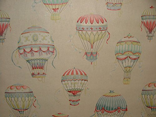 iLiv skandinavischer Vorhang mit Motiv Montgolfier Heißluftballon und Mohnblumen auf cremefarbenem Designerstoff, Meterware