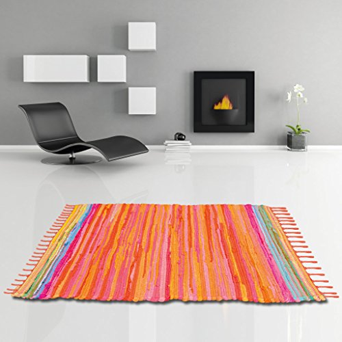 Flickenteppich handgewebter Teppich aus Baumwolle, stylischer und strapazierfähiger Fleckerlteppich in vielen verschiedenen modischen Ausführungen erhältlich (60 x 90cm / orange - coral)