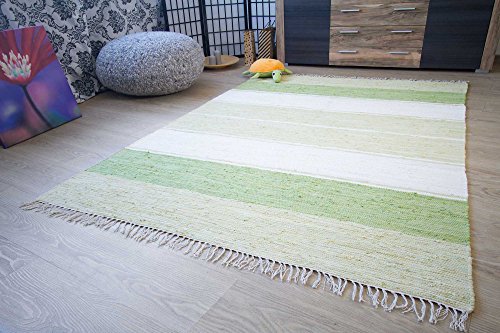 Handwebteppich Indira Colour in Grün - Teppich aus 100% Baumwolle mit Streifen Muster, Größe: 90x160 cm