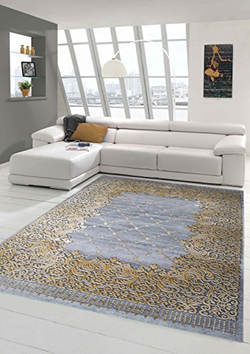 Teppich-Traum Designerteppich Moderner Teppich Wohnzimmerteppich Kurzflor Bordüre und Ornamente mit Konturenschnitt in Grau Beige Gold, Größe 80x150 cm