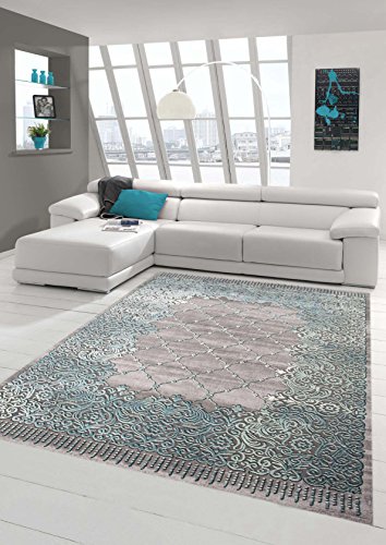 Teppich-Traum Designerteppich Moderner Teppich Wohnzimmerteppich Kurzflor Bordüre und Ornamente mit Konturenschnitt in Grau Türkis, Größe 80x300 cm