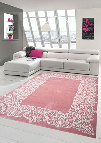 Teppich-Traum Designerteppich Moderner Teppich Wohnzimmerteppich Kurzflor Teppich mit Bordüre Rosa Weiß, Größe 200x290 cm