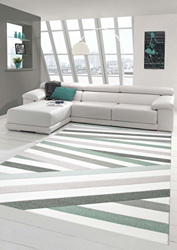 Teppich-Traum Designerteppich Moderner Teppich Wohnzimmerteppich Kurzflor Teppich mit Konturenschnitt Gestreift Pastellfarben Grün Grau Weiß, Größe 160x230 cm