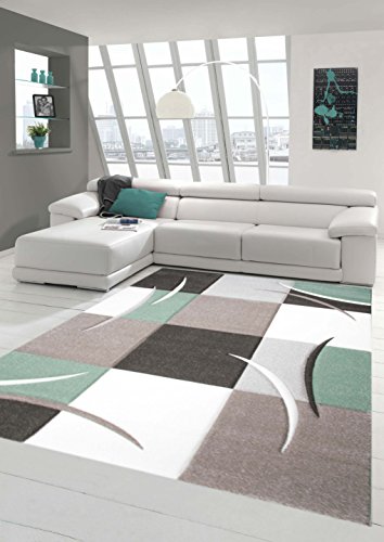 Teppich-Traum Designerteppich Moderner Teppich Wohnzimmerteppich Kurzflor Teppich mit Konturenschnitt Karo Muster Grau Grün Weiß, Größe 160x230 cm