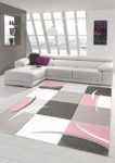 Teppich-Traum Designerteppich Moderner Teppich Wohnzimmerteppich Kurzflor Teppich mit Konturenschnitt Karo Muster Grau Rosa Weiß, Größe 80x150 cm