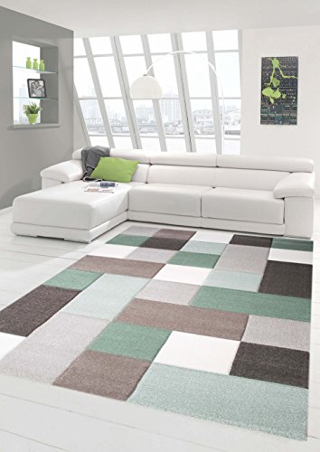 Teppich-Traum Designerteppich Moderner Teppich Wohnzimmerteppich Kurzflor mit Konturschnitt (Karo Muster) Öko-Tex in Grau Grün Weiß, Größe 80x150 cm