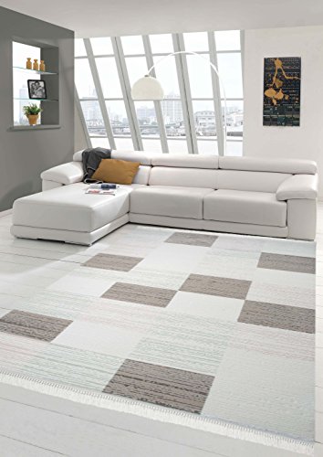 Teppich-Traum Designerteppich Moderner Teppich Wollteppich Wohnzimmerteppich Karo Muster in Beige Creme Türkis Rosa, Größe 160x230 cm