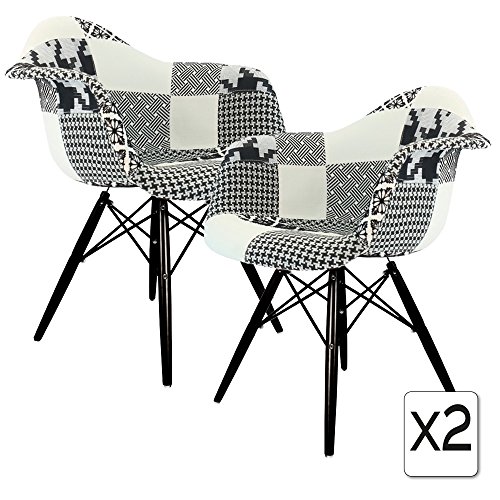 VERKAUF! 2 x Design-Stuhl Eiffel Stil Schwarz Holz Beine und Sitz Farbe B&W Patchwork Mobistyl® DAWB-PN-2