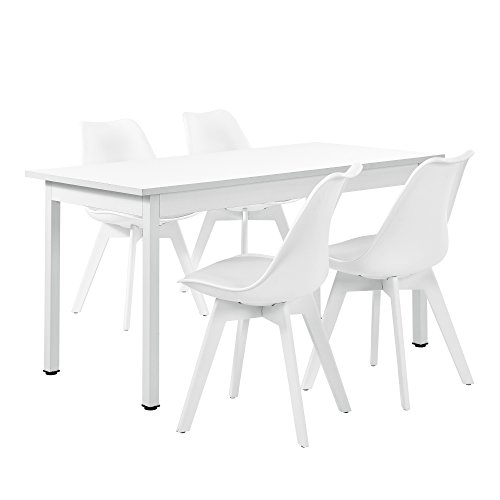 [en.casa] Esstisch weiß 140cm x 60cm mit 4 Stühlen weiß