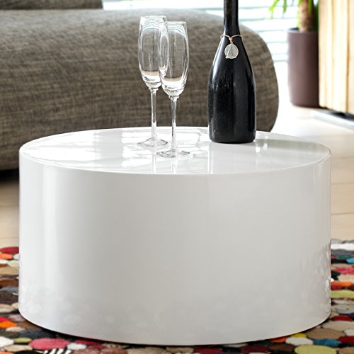 Couch-Tisch weiß Hochglanz rund aus MDF | Durchmesser 60cm | Kuba | Moderner Wohnzimmer-Tisch in angesagter Hochglanz Lackierung weiss
