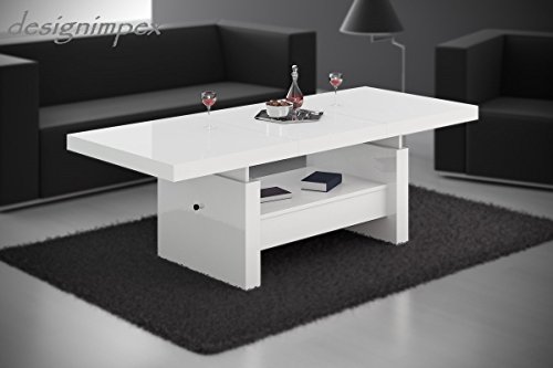 Design Couchtisch H-111 Weiß Hochglanz Schublade höhenverstellbar ausziehbar Tisch Wohnzimmertisch