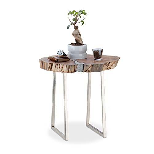 Relaxdays Beistelltisch Baumstamm Akazie und Aluminium, Couchtisch aus Massivholz, Holztisch HxD: 56 x 60 cm, natur