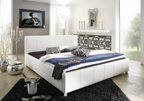 SAM® Design Polsterbett Katja, weiß, pflegeleichtes Bett aus Kunstleder, abgestepptes Kopfteil, Chrom-Füße, gepolstertes Designer-Bett, 140 x 200 cm