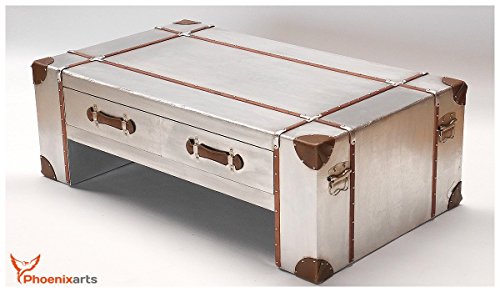 phoenixarts Industrie Design Couchtisch mit Schubladen Vintage Aluminium retro Tisch Beistelltisch 499