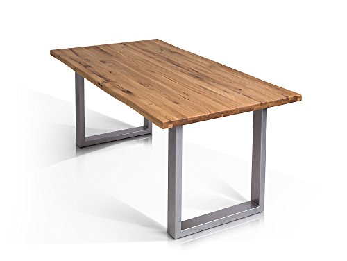 TOBAGO Baumkantentisch Esstisch Wildeiche Holztisch Massivholztisch Esszimmertisch Tisch Baumkante Metallfuß Edelstahlfarbig lackiert 160 x 90 cm, 160 x 90 cm