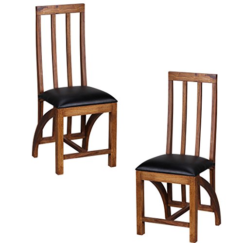 WOHNLING Esszimmerstühle 2er Set Massiv-Holz Sheesham Küchen-Stühle Leder Optik Schwarz Holzstühle dunkel-braun Landhaus-Stil Essstühle mit Lehne Natur-Produkt Stühle mit Beine Echt-Holz unbehandelt