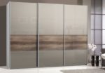 Schwebetürenschrank, Schiebetürenschrank, 3trg., ca. 300 cm, Glas Sahara Grau mit Wildeiche, Kleiderschrank