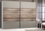Schwebetürenschrank, Schiebetürenschrank, 2trg., ca. 300 cm, Glas Sahara Grau, Doppelbinde in Wildeiche, Kleiderschrank