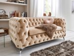 Chesterfield Sofa Couch Stoff Samt 3 Sitzer 2 Sitzer Sessel 1 Sitzer Designer Möbel Emma (2-Sitzer, Creme-Beige)