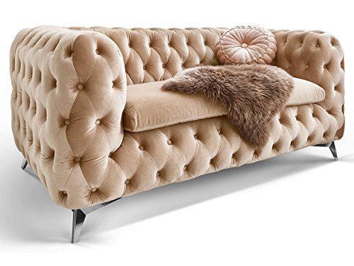 Chesterfield Sofa Couch Stoff Samt 3 Sitzer 2 Sitzer Sessel 1 Sitzer Designer Möbel Emma (2-Sitzer, Creme-Beige)