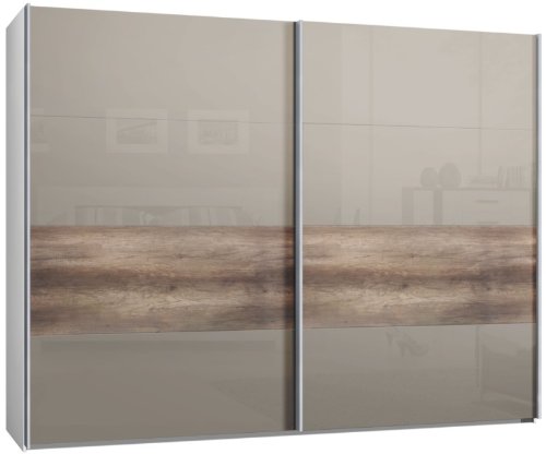 Schwebetürenschrank, Schiebetürenschrank, 2trg., ca. 300 cm, Glas Sahara Grau, Streifen in Wildeiche, Kleiderschrank