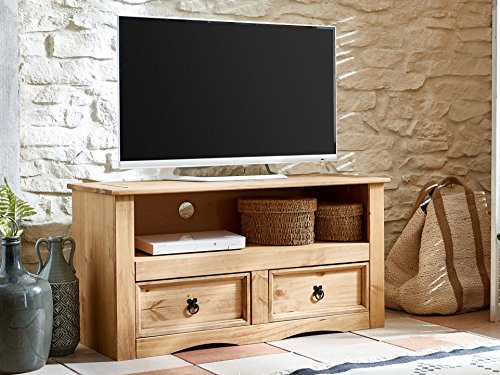 SAM® TV Board aus Kiefernholz, Mexico-Möbel, Lowboard mit 2 Schubfächern, gewachst, schwarze Metallgriffen, 108 x 44 cm [521547]