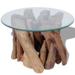 vidaXL Teak Treibholz Massivholz Couchtisch Beistelltisch mit Glasplatte 60cm