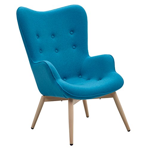 Designer Ohren-Sessel petrol mit Armlehnen aus Webstoff blau | Anjo | Blauer Club-Sessel im Retro-Design mit Gestell in Holz | Moderner Wohnzimmer-Sessel auch als Relax-Sessel zu benutzen