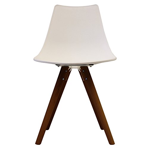 Scandi Retro Stil Designer Kunststoff Stuhl mit Walnuss Beinen, weiß, H: 82cm W: 47.5cm D: 44cm. SEAT HEIGHT 48CM