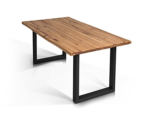 TOBAGO Baumkantentisch Esstisch Wildeiche Holztisch Massivholztisch Esszimmertisch Tisch Baumkante Metallfuß schwarz lackiert 180 x 90 cm, 180 x 90 cm