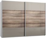 Schwebetürenschrank, Schiebetürenschrank, 2trg., ca. 300 cm, Glas Sahara Grau, Doppelbinde in Wildeiche, Kleiderschrank