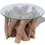 vidaXL Teak Treibholz Massivholz Couchtisch Beistelltisch mit Glasplatte 60cm