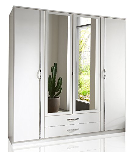 Wimex 078453 Kleiderschrank 4-türig mit zwei Schubkästen und zwei Spiegeltüren, alpinweiß / aufleistungchrom