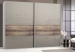 Schwebetürenschrank, Schiebetürenschrank, 2trg., ca. 300 cm, Glas Sahara Grau, Streifen in Wildeiche, Kleiderschrank