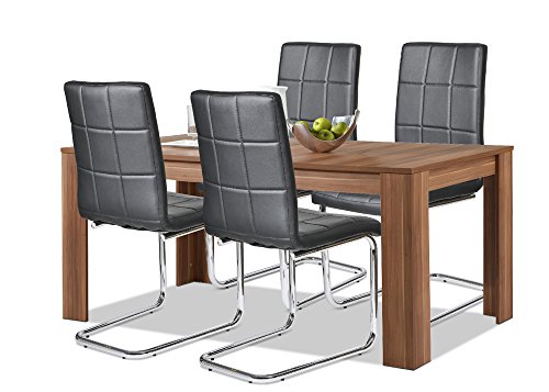 Agionda® Esstisch + Stuhlset : 1 x Esstisch Toledo Nussbaum + 4 Freischwinger schwarz mit CHROMGESTELL und 120 kg Belastbarkeit !