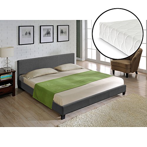 Corium® Hochwertiges Bett aus Stoff 140x200cm dunkelgrau 100% Polyester + Matratze