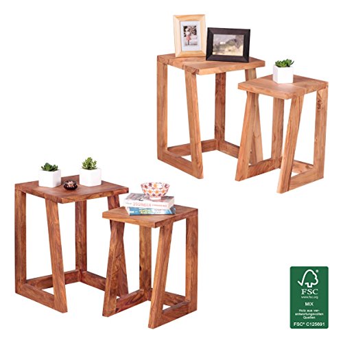 FineBuy 2er Set Beistelltisch Massivholz Design Wohnzimmer-Tisch eckig Nachttisch Satztisch Landhaus-Stil Naturprodukt