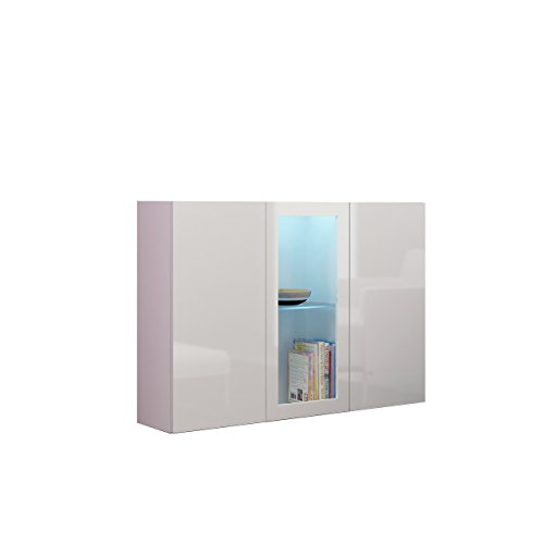 Kommode Vigo Sideboard mit Glasboden und 3 Türen, Highboard, Anrichte, Mehrzweckschrank, Wohnzimmerschrank, Schrank (mit weißer LED Beleuchtung, Weiß / Weiß Hochglanz)