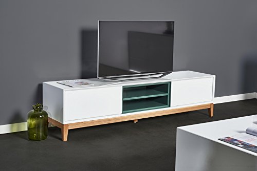 TV-Lowboard HEGRA weiß Hochglanz Holz, Fernseh-Schrank CAGUSTO® Eiche massiv, 180 x 42 x 45, skandinavisches Design, inkl. Lieferung