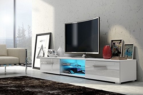 Edith – TV-Lowboard / TV-Bank / Fernsehschrank (140 cm, Weiß Matt / Weiß Hochglanz, LED in Blau)