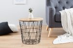 Moderner Couchtisch Beistelltisch STORAGE 42 cm aus Metall schwarz Holzdeckel aus Mangoholz Korb Aufbewahrung Tisch mit Mango Holz Ablage Aufbewahrungskorb