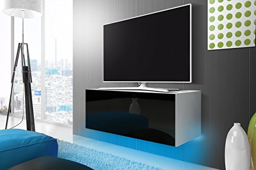 TV Schrank Lowboard Hängeboard SIMPLE mit LED Blau (Weiß Matt / Schwarz Hochglanz 100 cm)